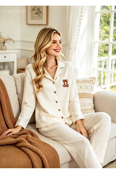 NiCe İç Giyim Women's Buttoned Ecru Color Teddy Bear Printed Shirt Collar Long Sleeve Pajama Set – Soft Textured Comfortable Home Wear