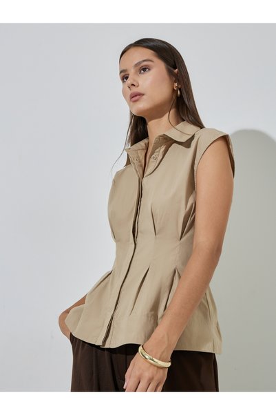 Styli Beige Solid Gathered Details Sleeveless Fitted Shirt