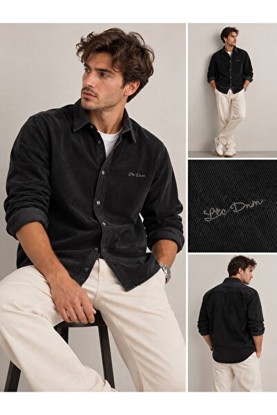 LTC Jeans Men's Black Velvet Shirt with Chest Embroidery Detail and Soft Texture
