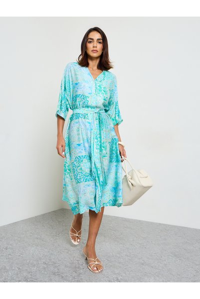 Take Two By Styli Multi-Color Paisley Midi Kaftan Dress with 3/4 Sleeves