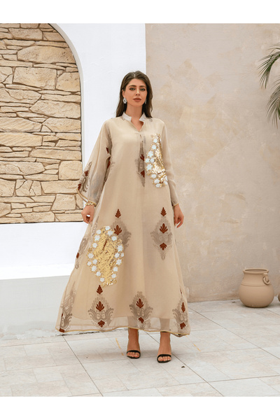 Take Two By Styli Beige Maxi Jalabiya with Sequin and Print Embellishments