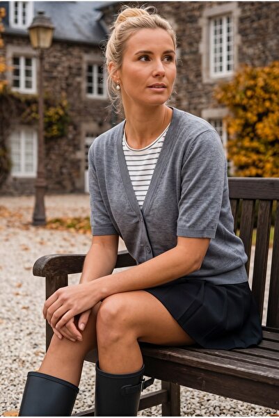 Chiccy Gray Melange Round Neck Short Sleeve Double-Look Single Product Knitwe...