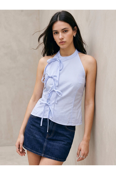 Outzidr By Styli Blue Striped Sleeveless Halter Blouse with Side Ties