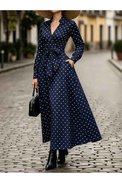 Take Two By Styli Navy Polka Dot Collared Shirt Maxi Dress with Belted Waist ...