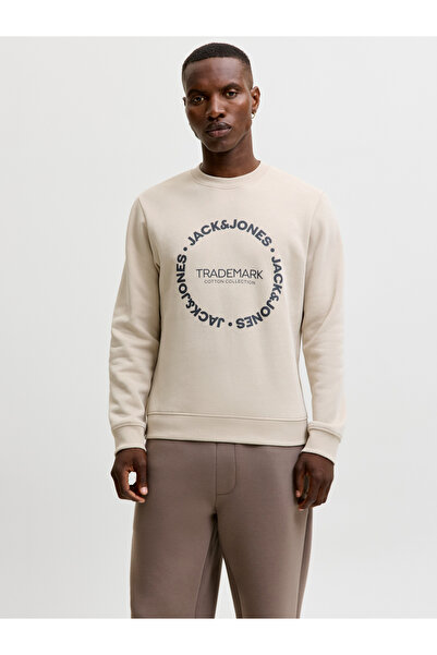 Jack & Jones Beige JJBENSON Slogan Print Pullover Sweatshirt