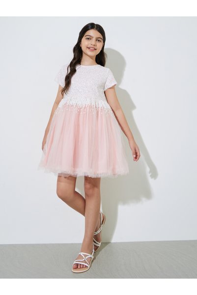 Styli Teen Girls Sequined Mesh Dress with Hair Clip Set