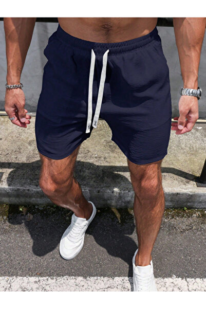 Take Two By Styli Dark Blue Solid Knee-Length Drawstring Waist Casual Shorts