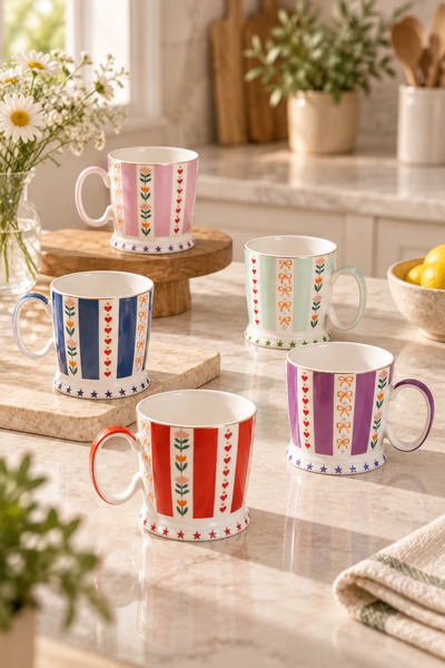 welcomein Colorful Striped Patterned Porcelain Mug – Decorative Coffee and Te...