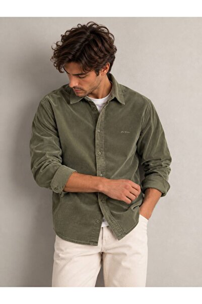 LTC Jeans Men's Khaki Velvet Shirt with Chest Embroidery Detail and Soft Texture