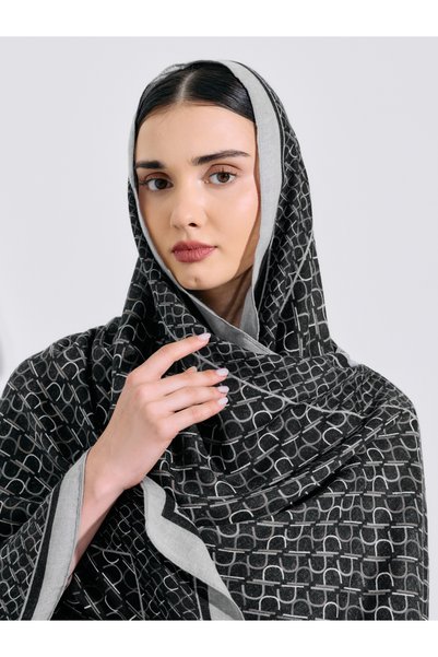 Amirah By Styli Black All Over Print Hijab with Border Pattern 85x180 cm