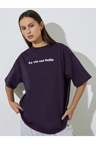Styli Purple Oversized Longline 100% Cotton Slogan T-Shirt