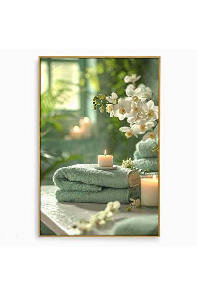 Luxcanva Tablou Canvas Zen Si Flori Albe 80x120 cm cu Rama Auriu Spa Plante L...