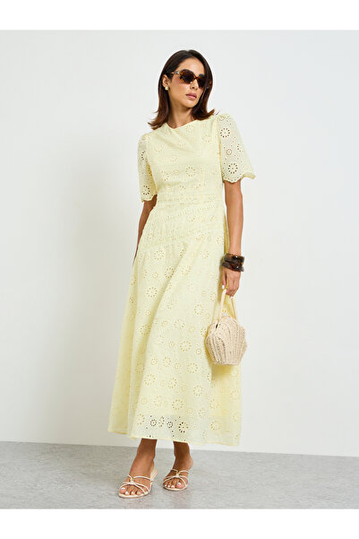 Take Two By Styli Yellow Embroidered A-Line Maxi Dress with Short Sleeves