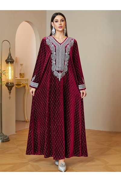 Take Two By Styli Red Velvet Maxi Jalabiya with Silver Embroidery