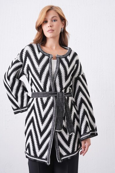 WOMAN VISION Cardigan tricotat cu model zigzag și detaliu curea