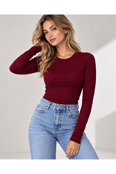 FAVORİST Women's Fingerless Long Sleeve Crew Neck 100% Cotton Bodysuit Ovv-1