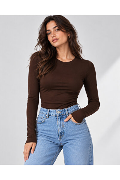 FAVORİST Women's Fingerless Long Sleeve Crew Neck 100% Cotton Bodysuit Ovv-1