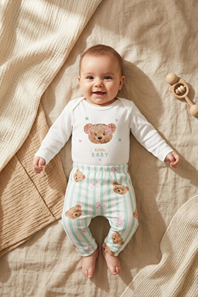 Kız Bebek %100 Pamuklu Yeşil Bear Desenli 2'li Takım - Uzun Kollu Body ve Esnek Pantolon Seti
