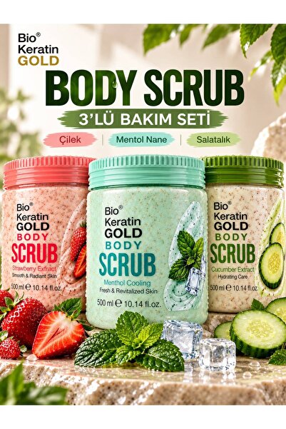 Bio Keratin Gold Body Scrub 3'lü Vücut Peeling Bakım Seti Çilek & Mentol-Nane...
