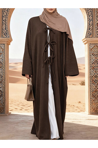 Take Two By Styli Coffee Brown Ribbed Open Abaya with Tie Details