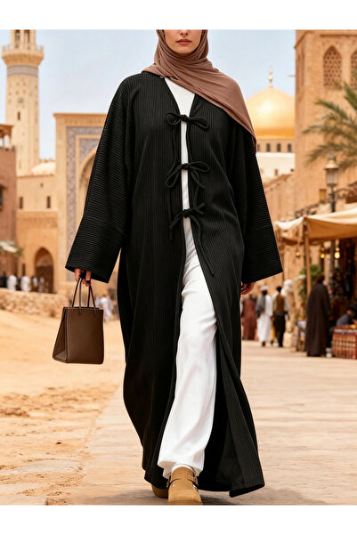 Take Two By Styli Black Ribbed Abaya with Tie Front