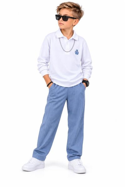 AYKİDSCLUP Boy's White Polo Collar Sweatshirt Black Striped Trousers Set - St...