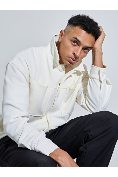 Styli Off White Solid Double Pocket Shacket