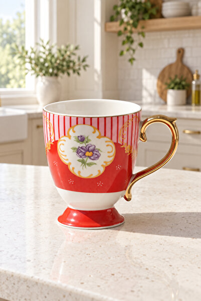 welcomein Floral Motif Footed Porcelain Mug – Red Decorative Coffee and Tea C...