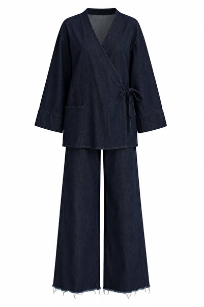 Laluvia Lacivert Kruvaze Yaka Kimono Pantolon Takım - 2y8629