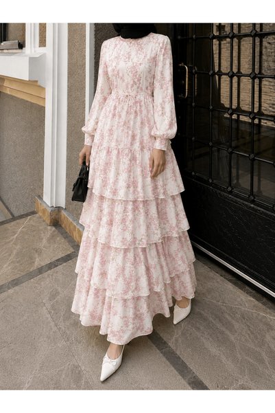 Hepsi Moda Dijital Çiçek Desenli Kat Kat Elbise - 5745 - Pembe