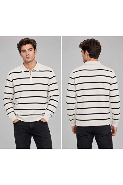 Polo Yaka Yarım Fermuarlı Çizgili Desenli Triko Sweatshirt - BEJ ST 508