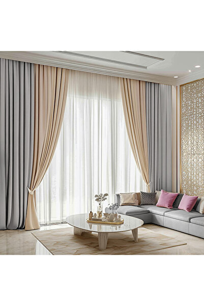ArasyaHome Βελούδινο Ζεύγος Κουρτινών / Γκρι-Κρεμ