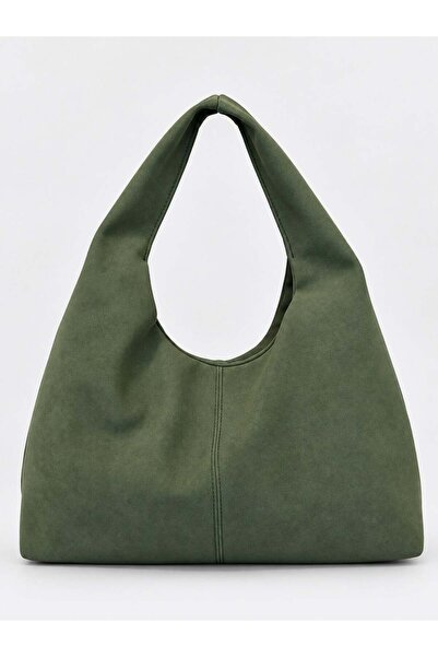 Madamra Haki Süet Kadın Shopper Omuz Çantası – Yumuşak Form Vintage Model