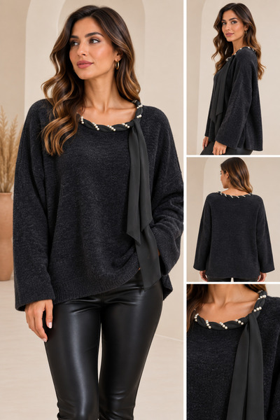 CNR TEKSTİL Women's Pearl Detailed Scarf Collar Soft Textured Oversize Knitwe...