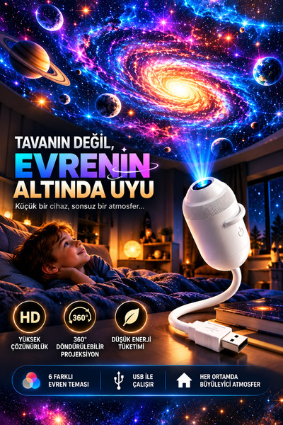 TECHNOMEN Galaksi Projektör Gece Lambası 6 Farklı Uzay Temalı 360° Ayarlanabi...