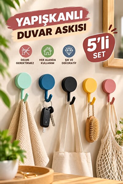 Kitchen Beauty 5 Adet Kendinden Yapışkanlı Askı Seti Plastik Çok Renkli Dekor...