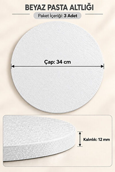 LİNORA 34 cm Round Cake Base – 12 mm Thickness (3 Pcs)