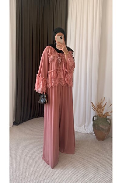 Hepsi Moda Güpür Detaylı Etek Pantolonlu Takım - 5784 - Gül Kurusu