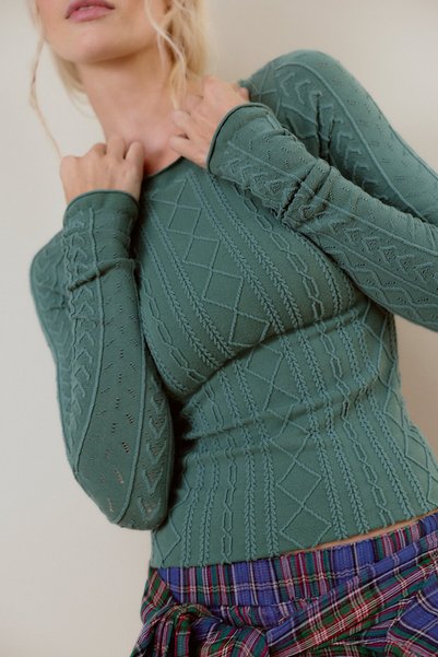 Urban Outfitters Long Sleeve Jacquard Textured Seamless Modal Khaki Blouse