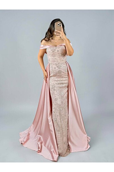 OLA Amore Tasarım Payet Ve Boncuk İşlemeli Pelerinli Pembe Mix Abiye Elbise
