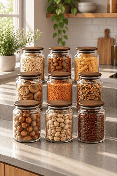 Atbyhome Nero Zone Bambu Kapaklı Cam Saklama Kabı 800 ml 9'lu - Vakumlu Kiler...
