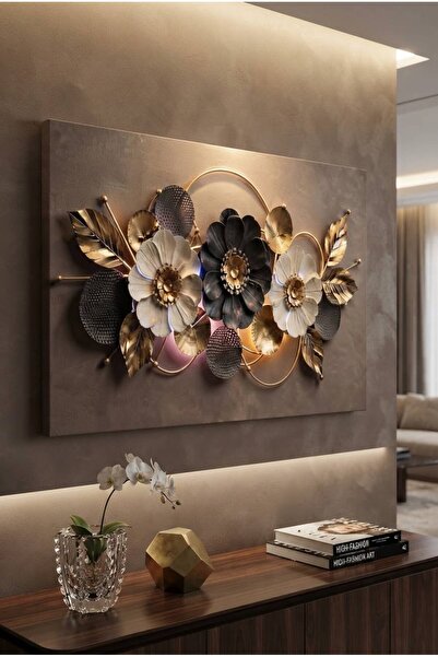 zeyrada Premium Özel Tasarım Modern 3D Efektli Işıklı Çoklu Çiçek ve Altın Ya...