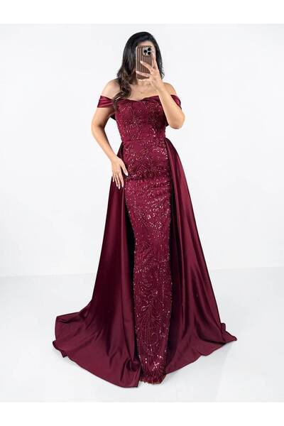 OLA Amore Tasarım Payet Ve Boncuk İşlemeli Pelerinli Bordo Abiye Elbise