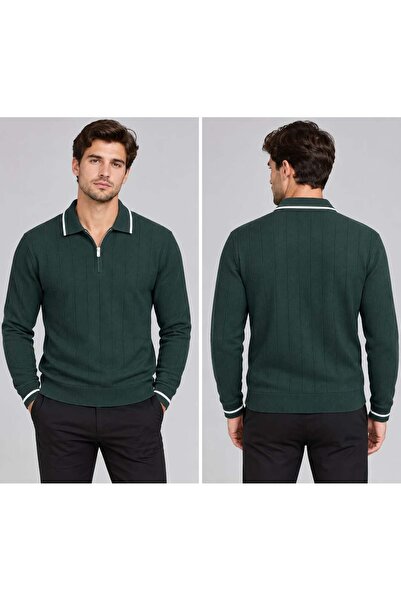 Polo Yaka Desenli Triko Sweatshirt - YEŞİL - ST 507