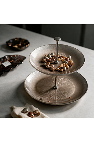 HERITAGE Brown Silver Glitter 2-Tier Glass Serving Presentation Plate with Si...