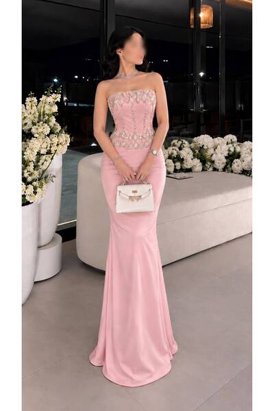 Olivia Style فستان سهرة نسائي ماكسي وردي بقصة كورسيه وتطريز دانتيل فاخر بدون ...