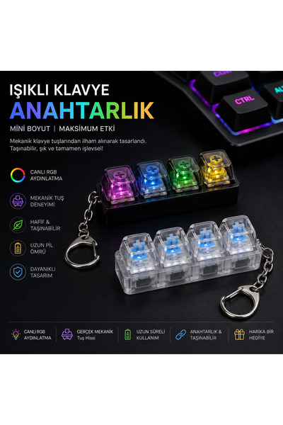 Işıklı Click Sesli Mini Klavye Anahtarlık Çocuk Oyuncak Stres Giderici Fidget Keychain