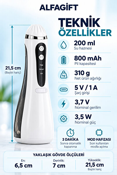 ALFAGİFT Şarjlı Kablosuz Ağız Duşu ve Diş Arası Temizleme Cihazı 200 ml 3 Modlu 4 Başlıklı Type-C Beyaz