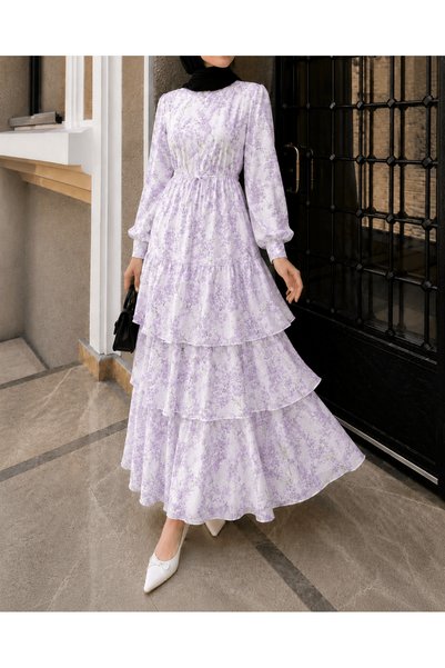 Hepsi Moda Digital Floral Patterned Layered Dress - 5745 - Lilac