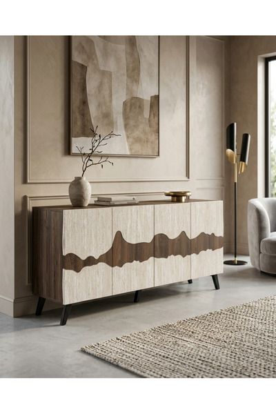 PLUS 22 طاولة كونسول مودرن خشبية بـ 4 أبواب وتصميم تموجات متميزة